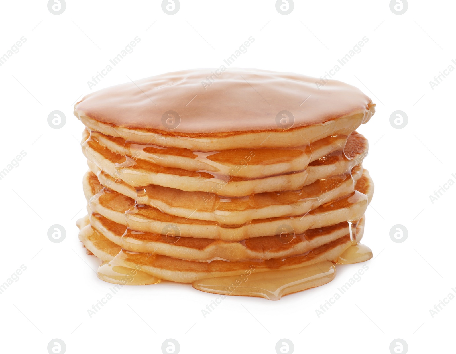 Photo of Tasty pancakes with honey on white background