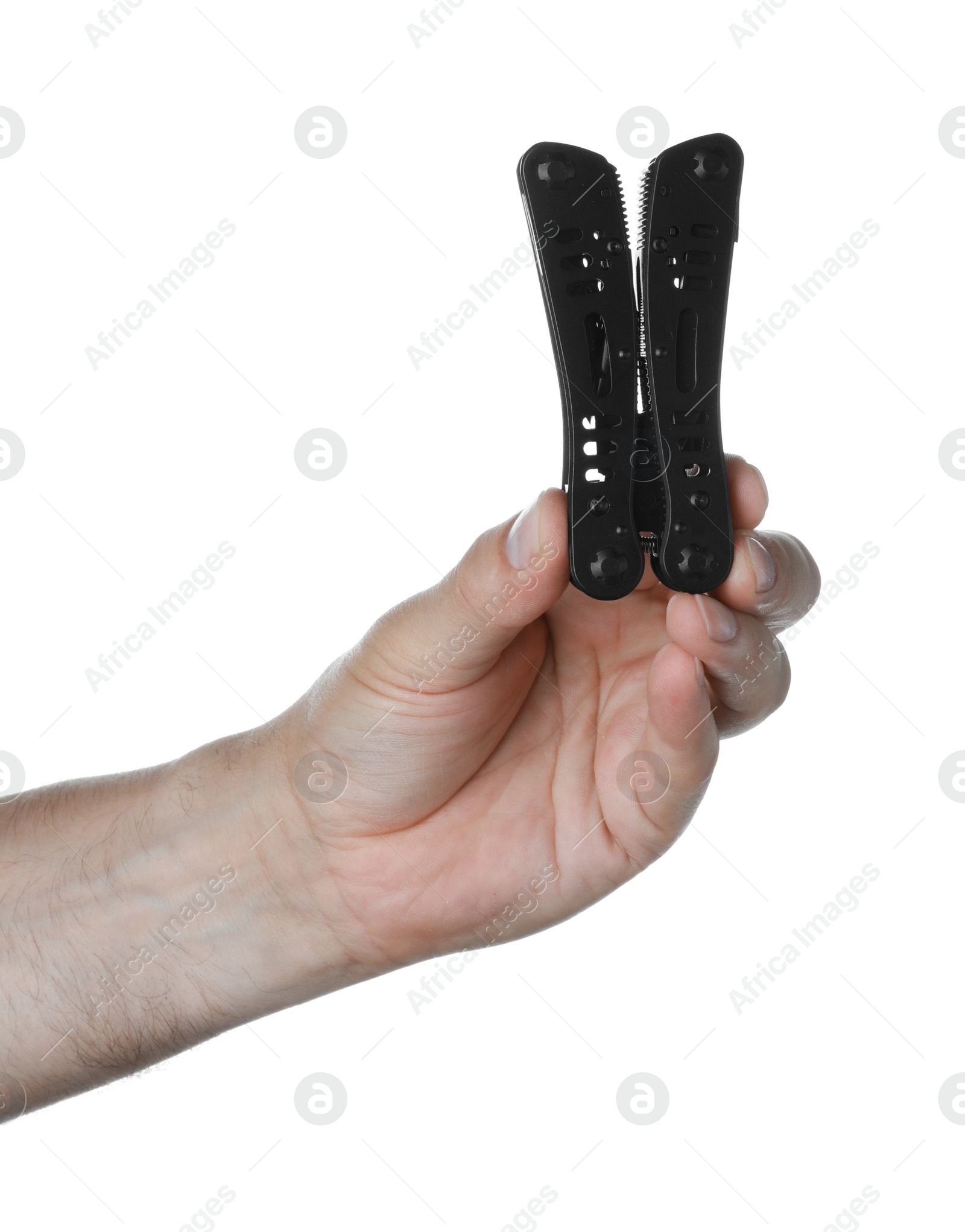 Photo of Man holding multitool on white background, closeup