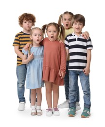 Photo of Full length portrait with group of surprised children on white background