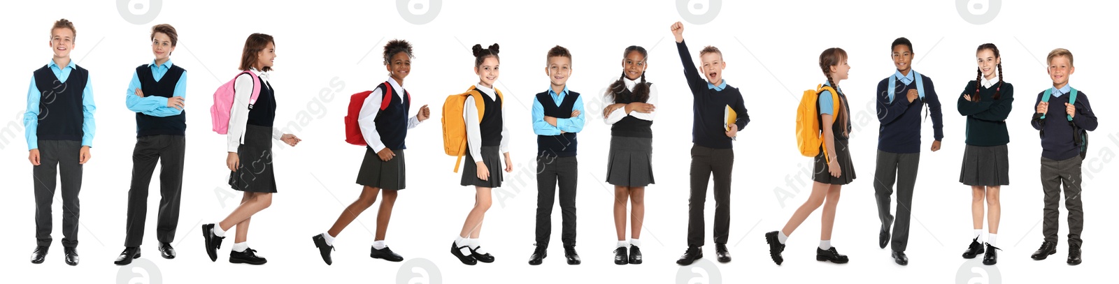 Image of Children in school uniforms on white background. Banner design