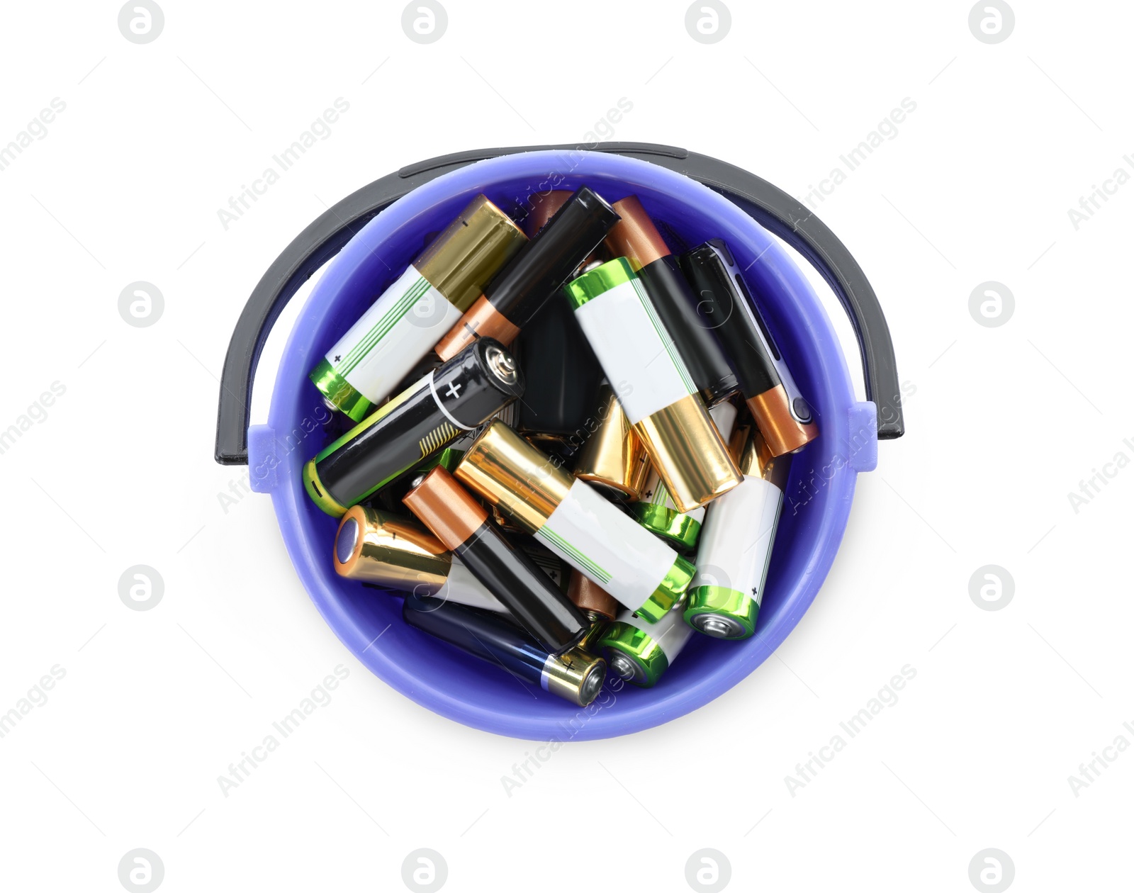 Image of Used batteries in bucket on white background, top view