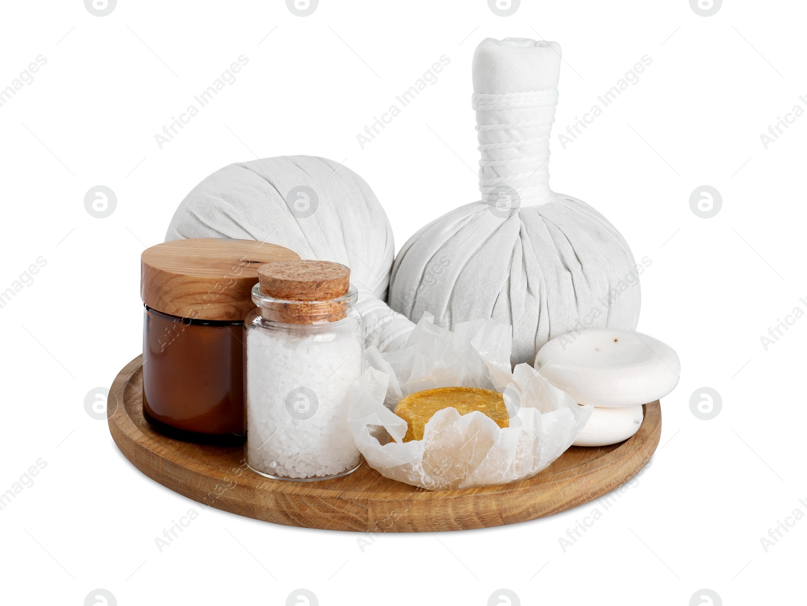 Photo of Beautiful spa composition with different body care products isolated on white