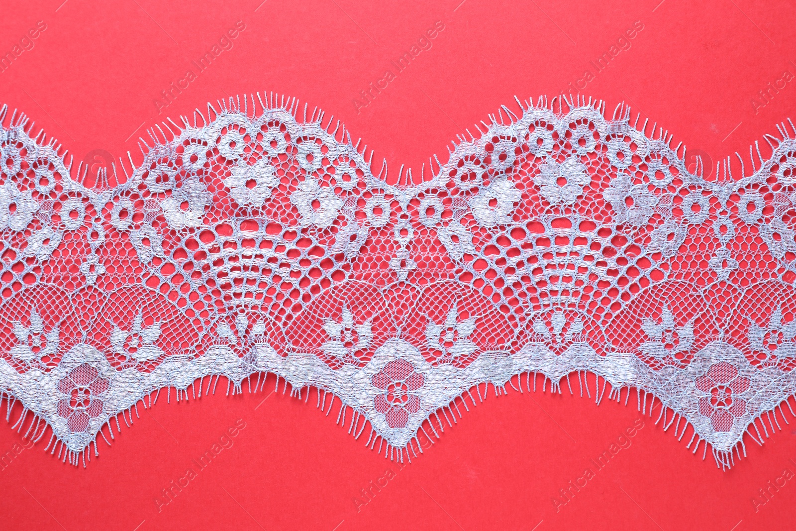 Photo of Light blue lace on red background, top view