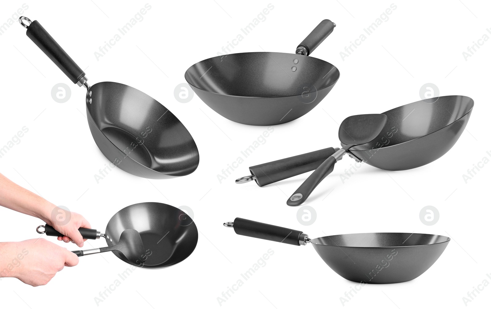 Image of Empty metal woks isolated on white, set