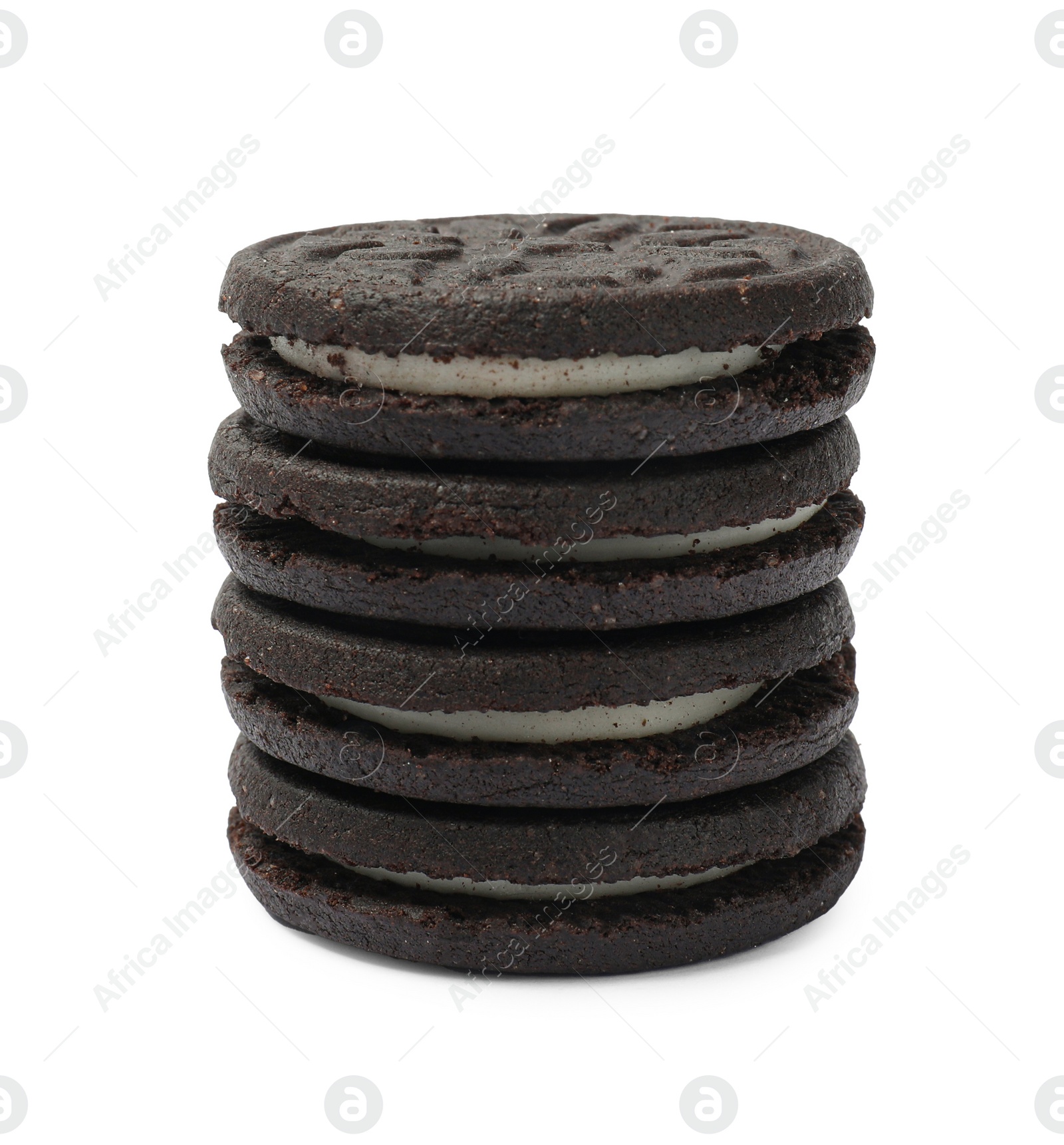 Photo of Stack of tasty sandwich cookies isolated on white