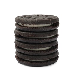 Photo of Stack of tasty sandwich cookies isolated on white