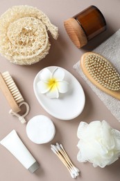 Bath accessories. Flat lay composition with personal care products on beige background