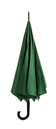 Photo of Stylish closed green umbrella isolated on white