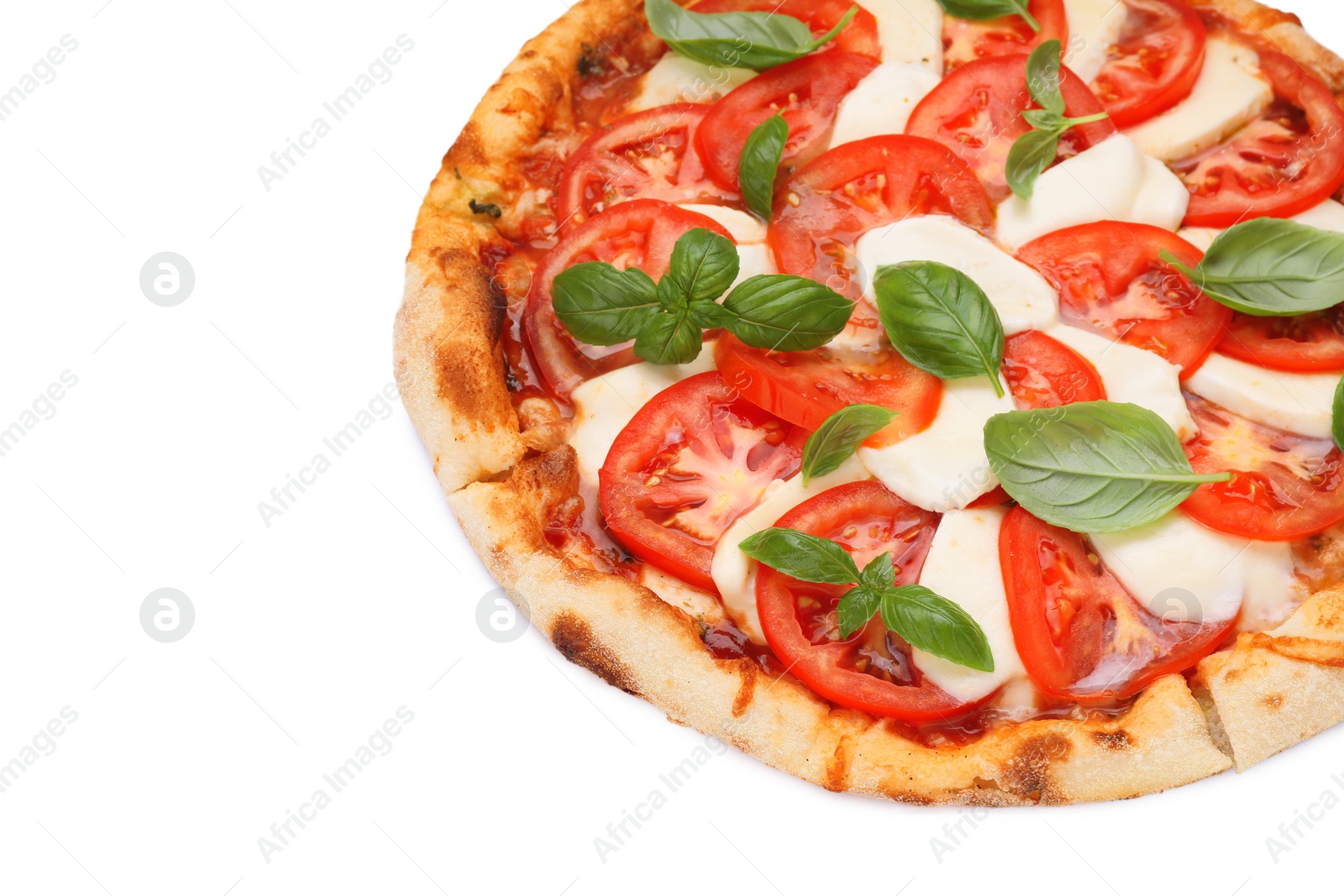 Photo of Delicious Caprese pizza with tomatoes, mozzarella and basil isolated on white