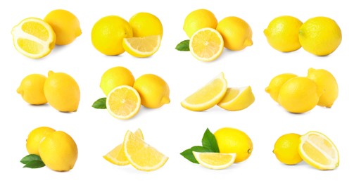 Set with fresh ripe lemons on white background. Banner design 