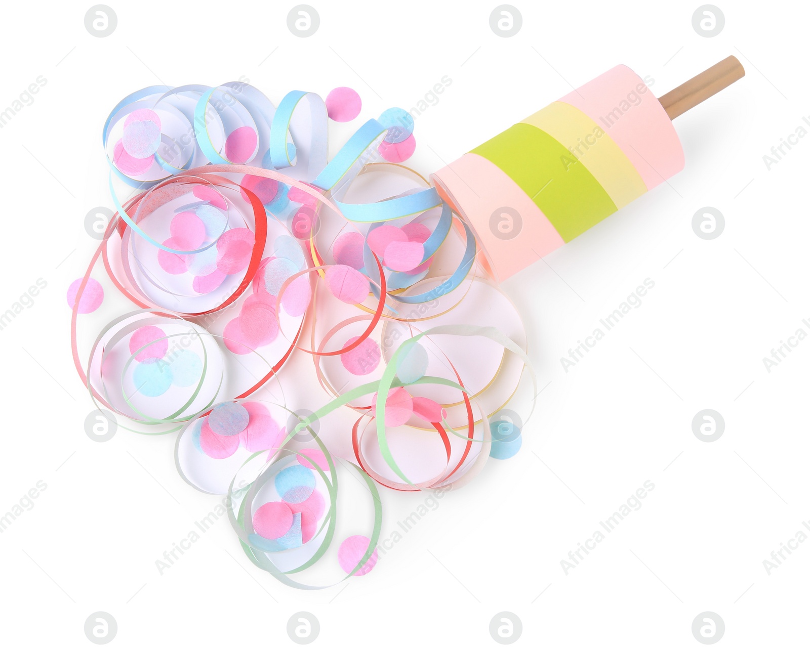 Photo of Colorful confetti and streamers with bright party cracker isolated on white, top view