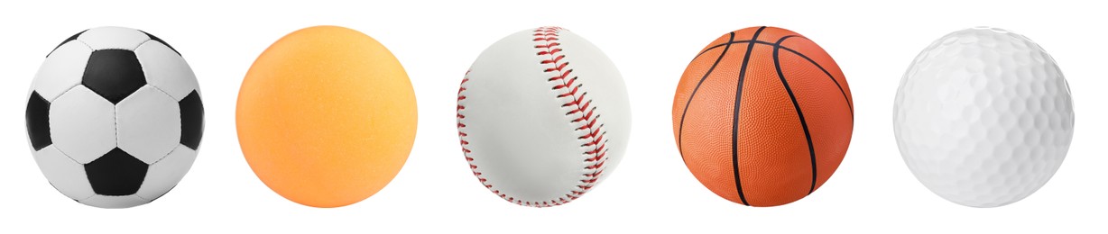 Image of Set with different sport balls on white background. Banner design