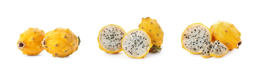 Image of Set with delicious yellow dragon fruits (pitahaya) on white background. Banner design