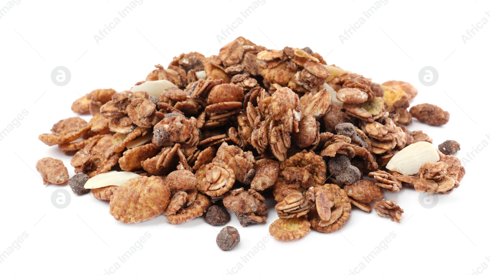 Photo of Pile of granola on white background. Healthy snack