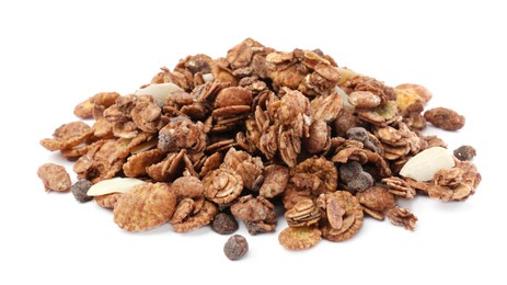 Photo of Pile of granola on white background. Healthy snack