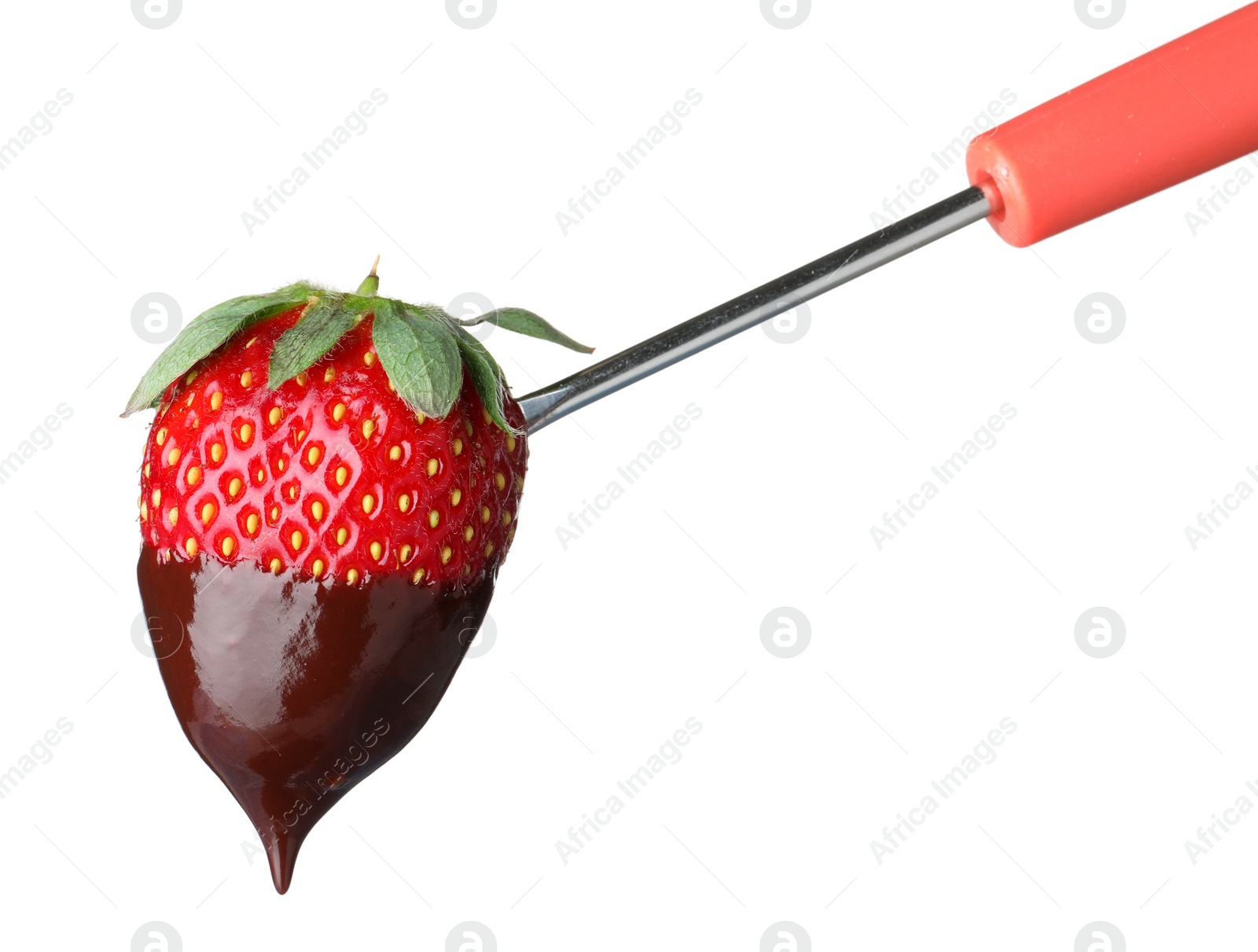 Photo of Strawberry with chocolate on fondue fork against white background