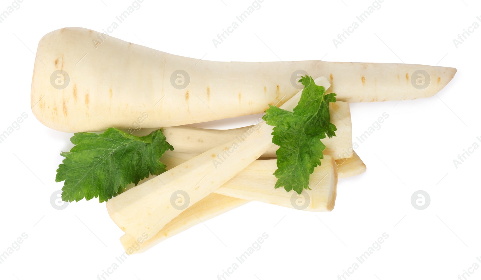 Photo of Tasty fresh ripe parsnips on white background, top view