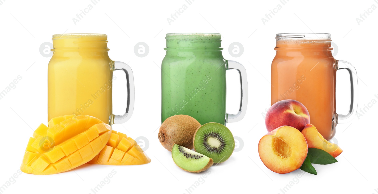 Image of Different delicious smoothies in mason jars on white background. Banner design