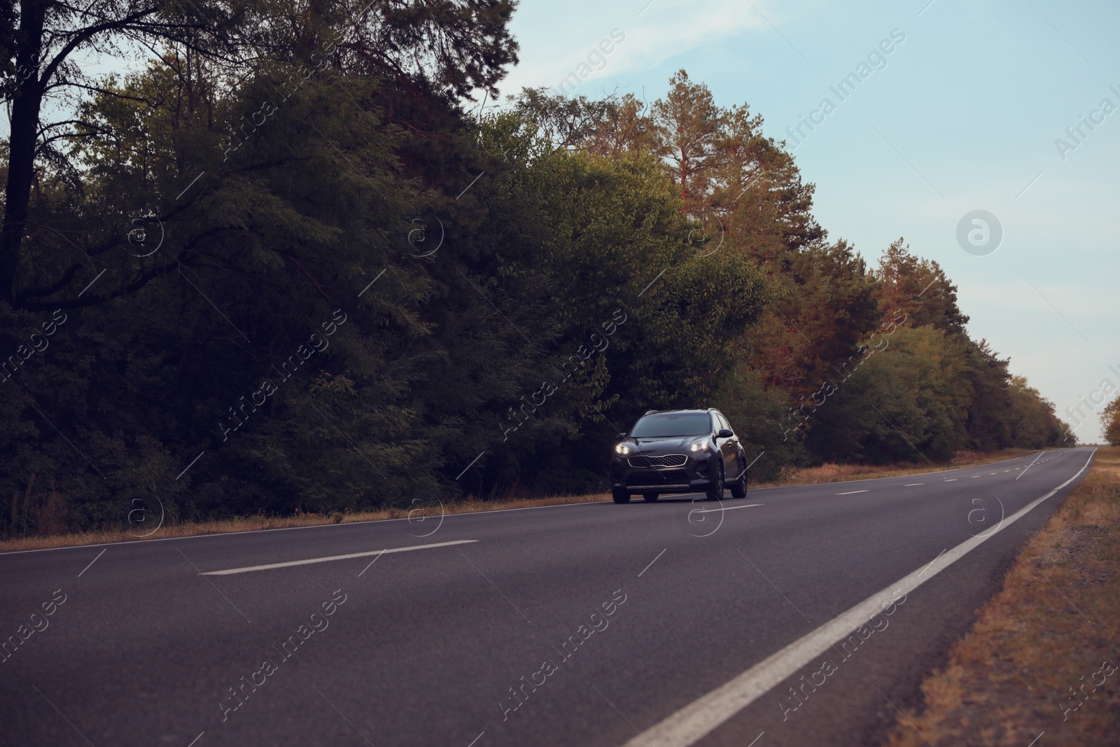 Photo of Beautiful view of asphalt highway with car. Road trip