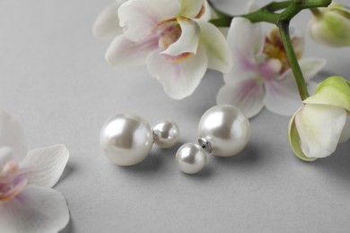 Elegant pearl earrings and orchid flowers on white background, closeup