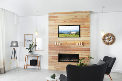 Image of Living room interior with decorative fireplace and modern TV set
