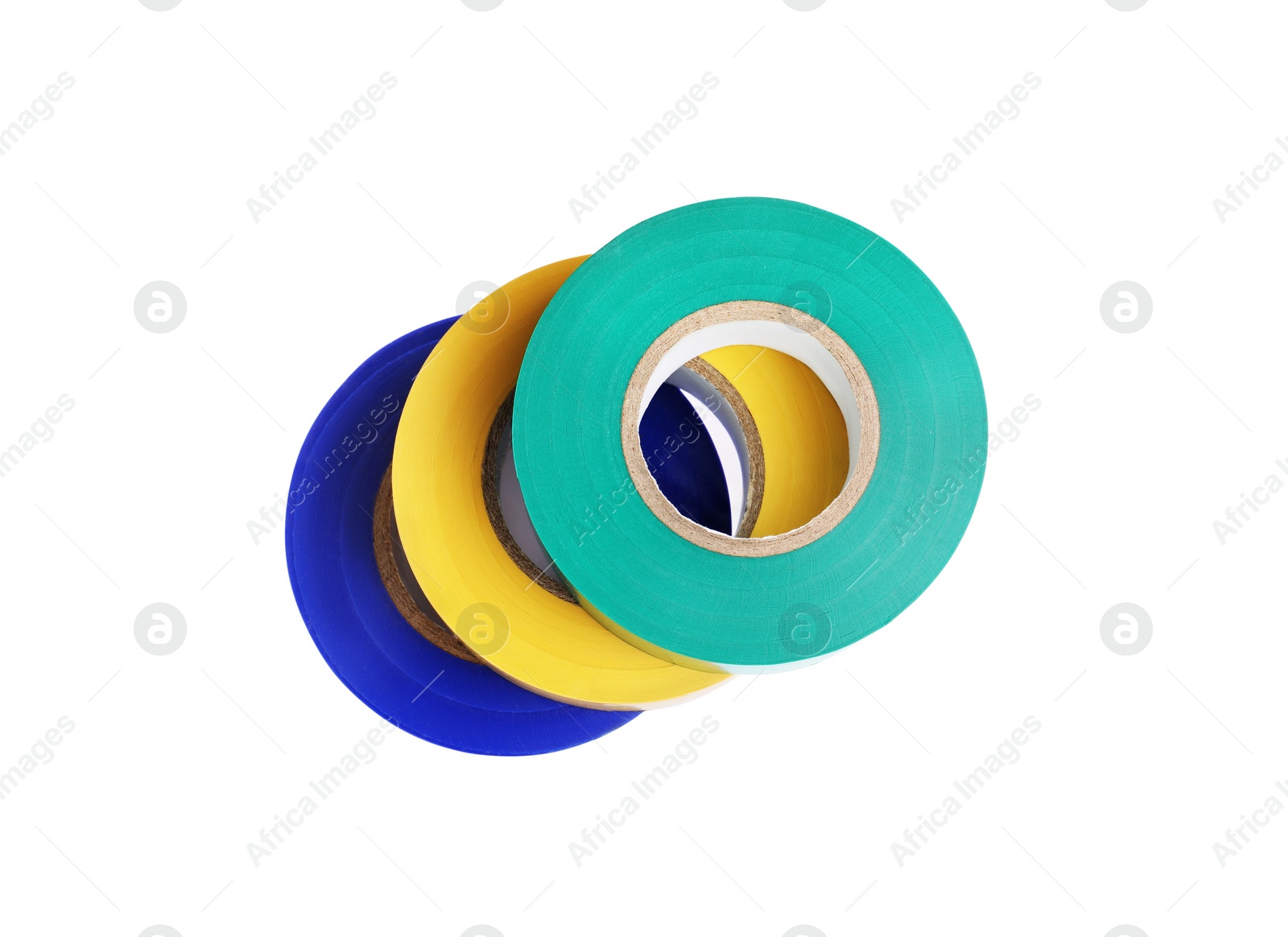 Photo of Colorful insulating tapes on white background, top view