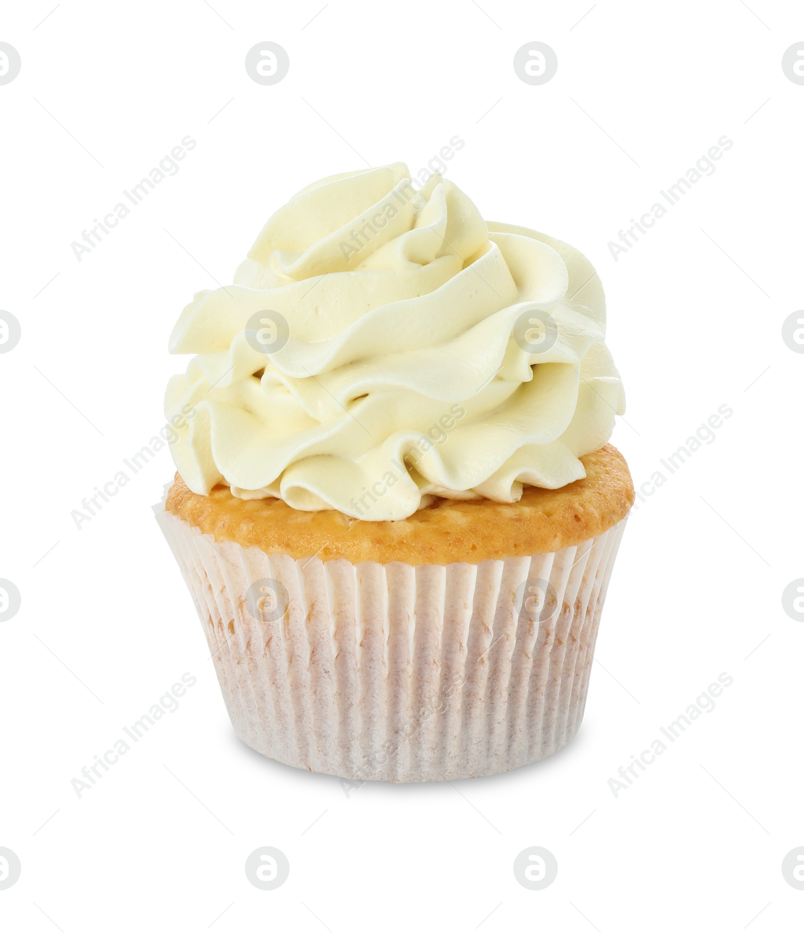 Photo of Tasty vanilla cupcake with cream isolated on white