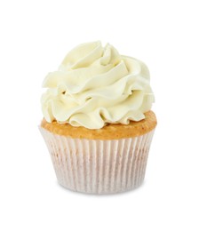 Photo of Tasty vanilla cupcake with cream isolated on white