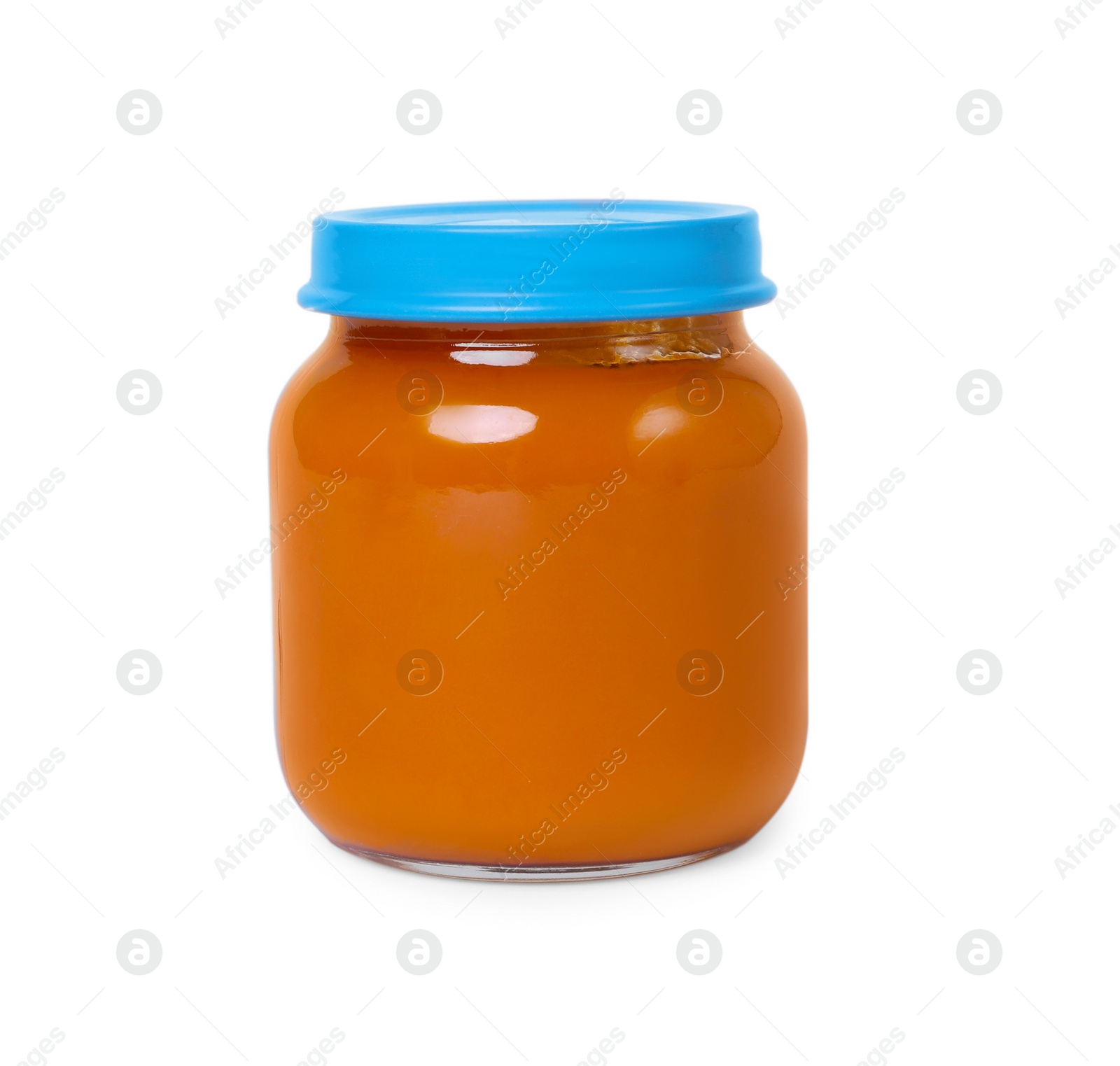 Photo of Glass jar with healthy baby food isolated on white