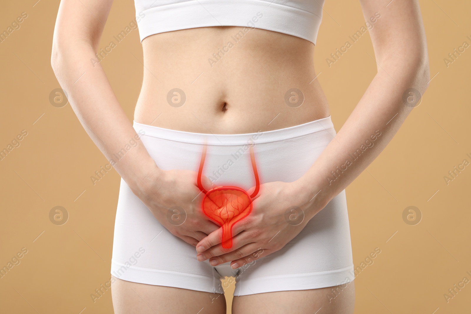 Image of Woman suffering from cystitis on beige background, closeup. Illustration of urinary system