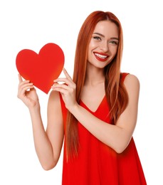 Young woman in red dress with paper heart on white background