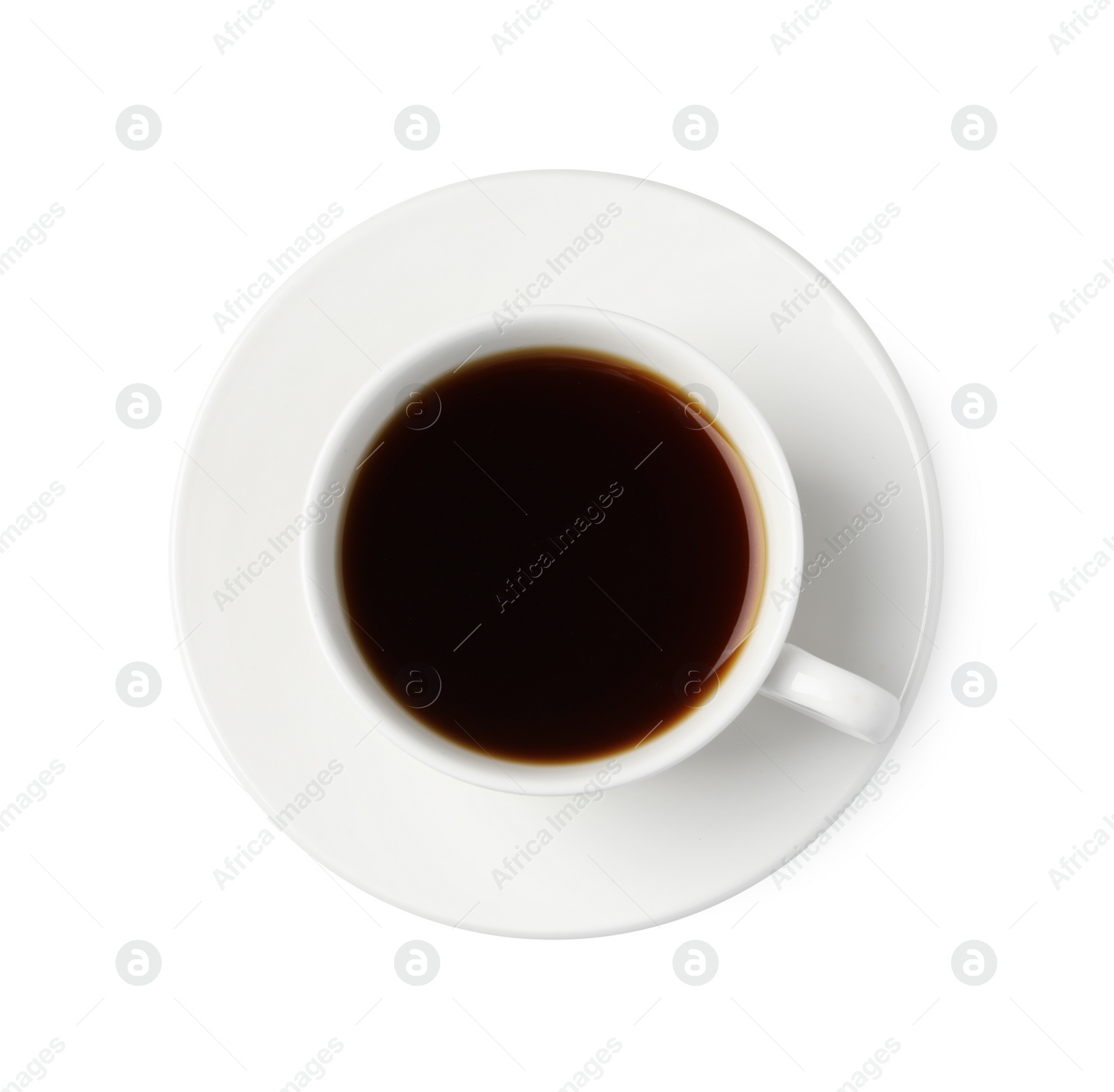 Photo of Tasty coffee in cup isolated on white, top view