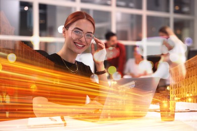 Double exposure of business team in office and cityscape