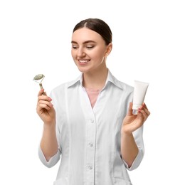 Cosmetologist with cosmetic product and facial roller on white background