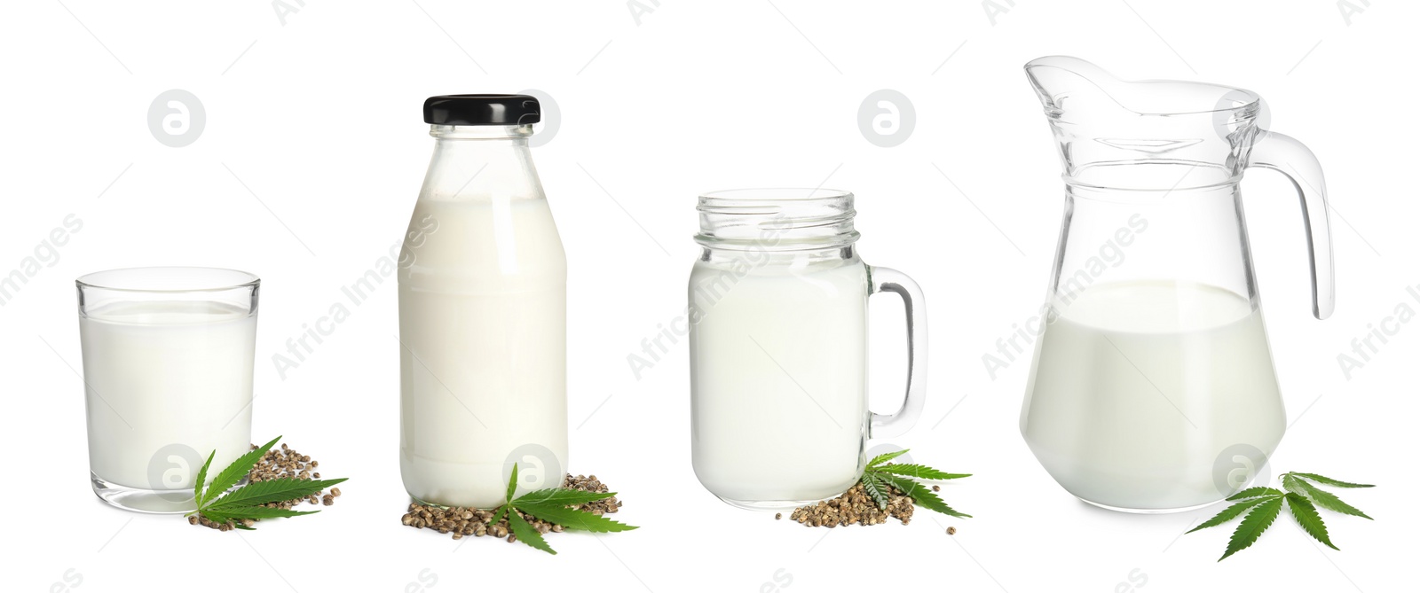 Image of Different glassware with hemp milk on white background, collage. Banner design