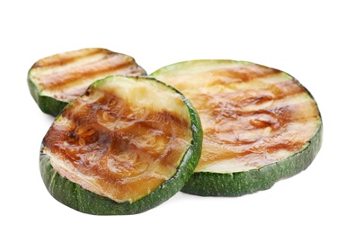 Photo of Delicious grilled zucchini slices on white background