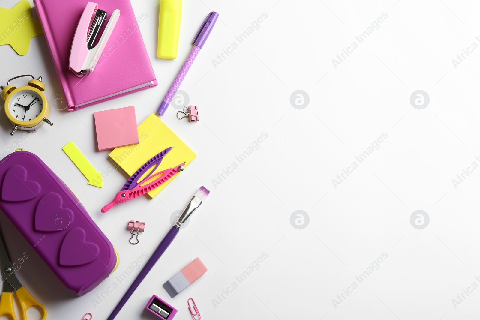 Photo of School stationery on white background, flat lay with space for text. Back to school