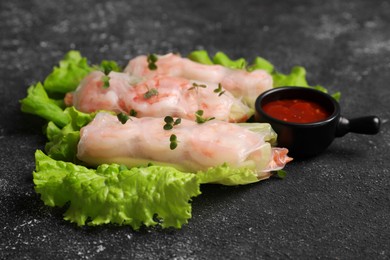 Photo of Tasty spring rolls served with lettuce, sauce and microgreens on grey textured table, closeup