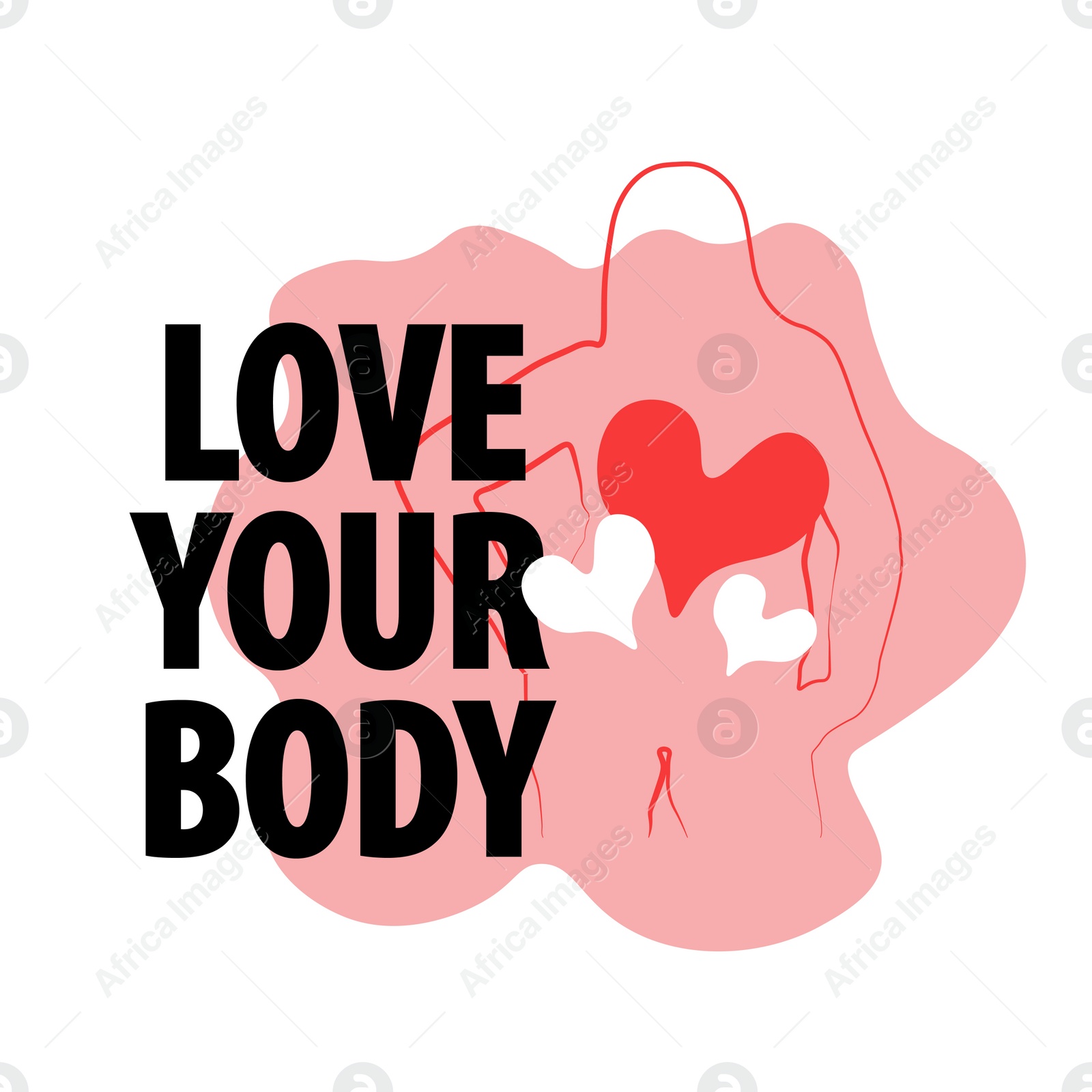 Image of Outline of woman figure, hearts and phrase Love Your Body on white background