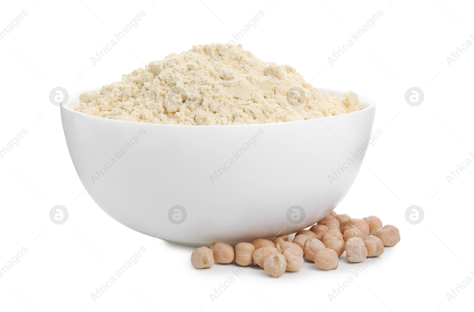 Photo of Chickpea flour in bowl and seeds isolated on white