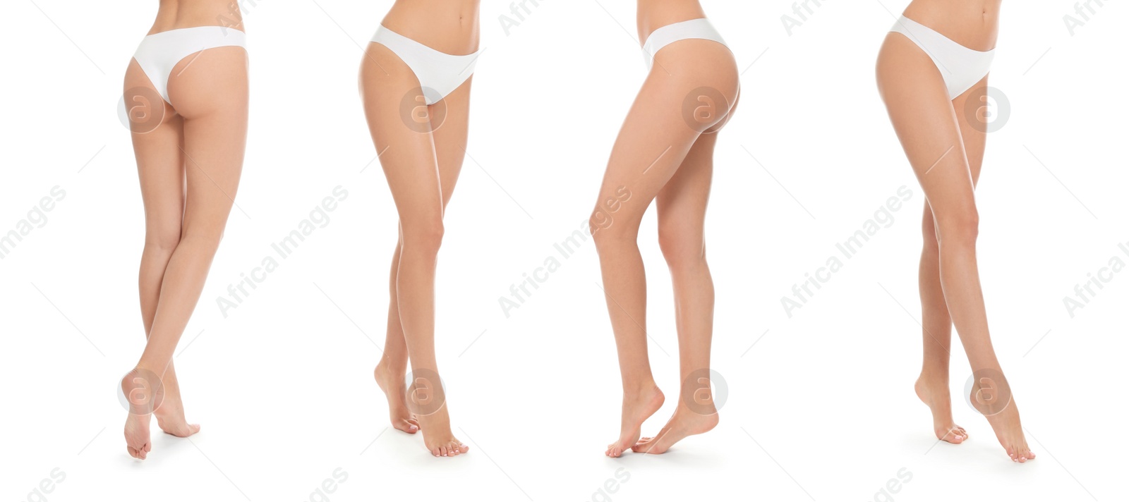 Image of Collage with photos of young woman after epilation on white background, closeup. Banner design