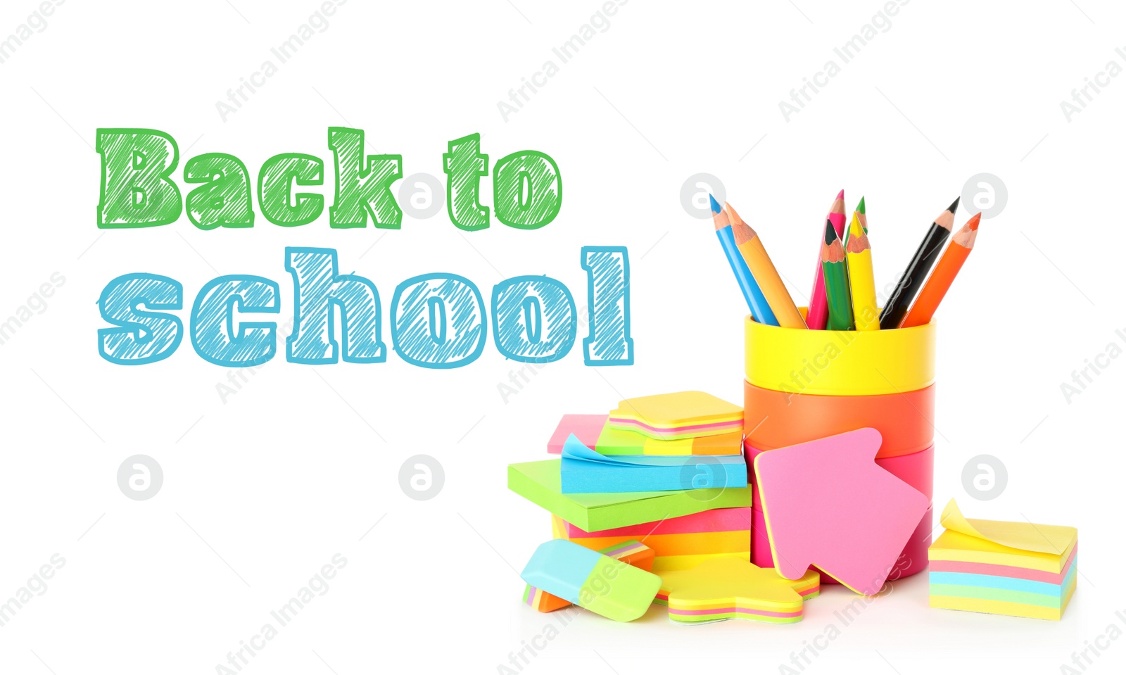 Image of Text Back To School and different stationery on white background