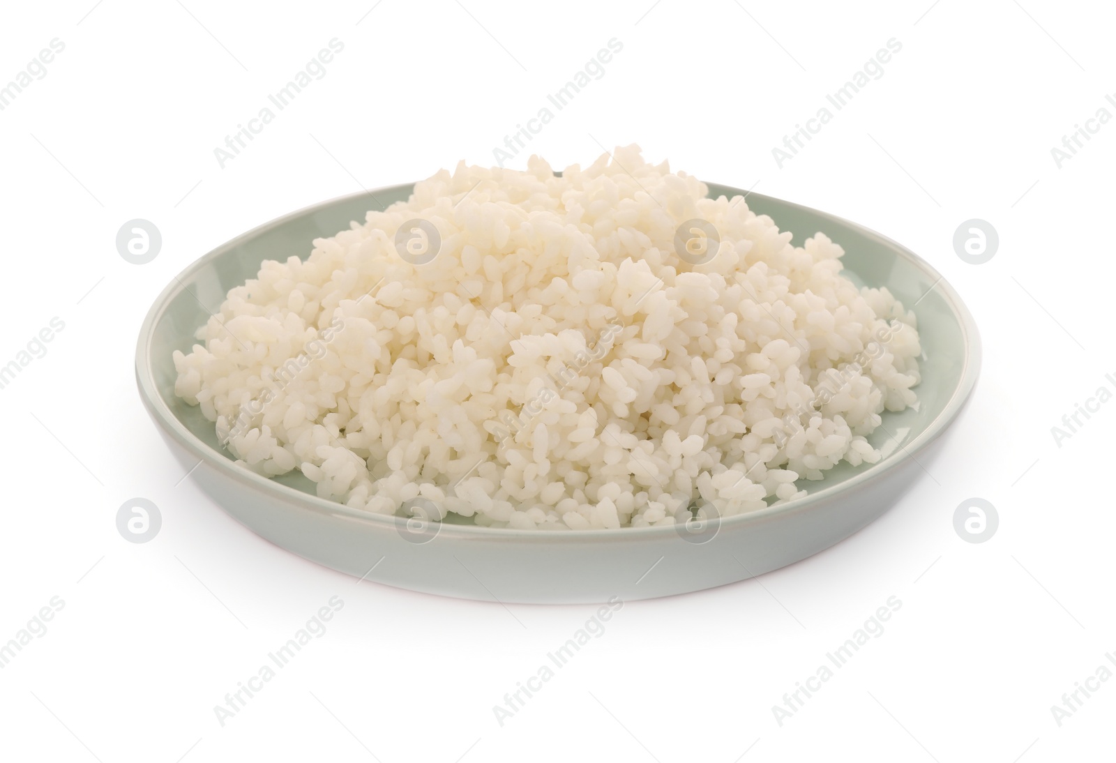 Photo of Plate with delicious rice isolated on white