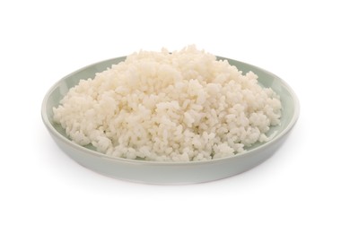 Photo of Plate with delicious rice isolated on white