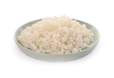 Plate with delicious rice isolated on white