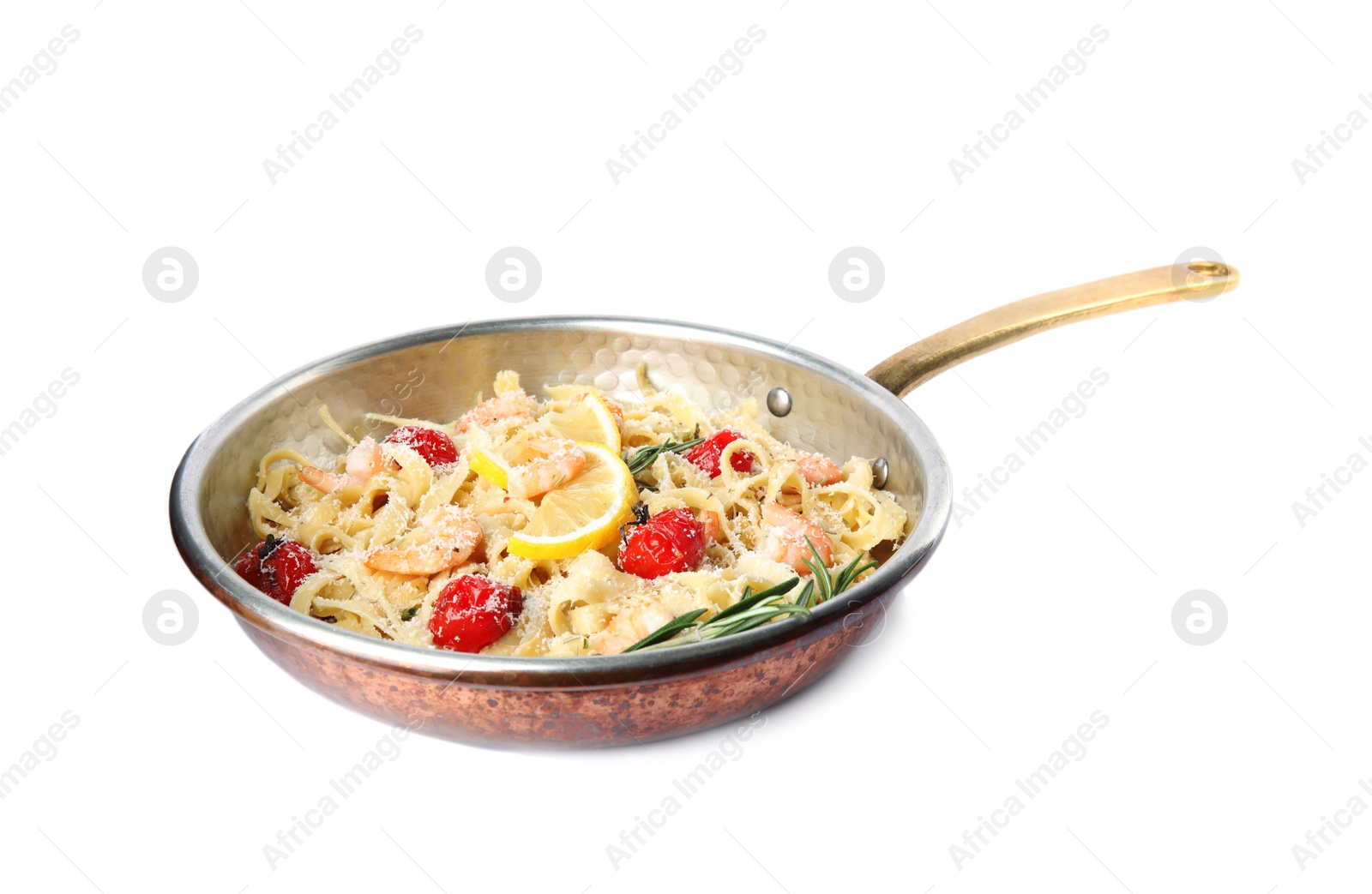 Photo of Delicious pasta with shrimps isolated on white