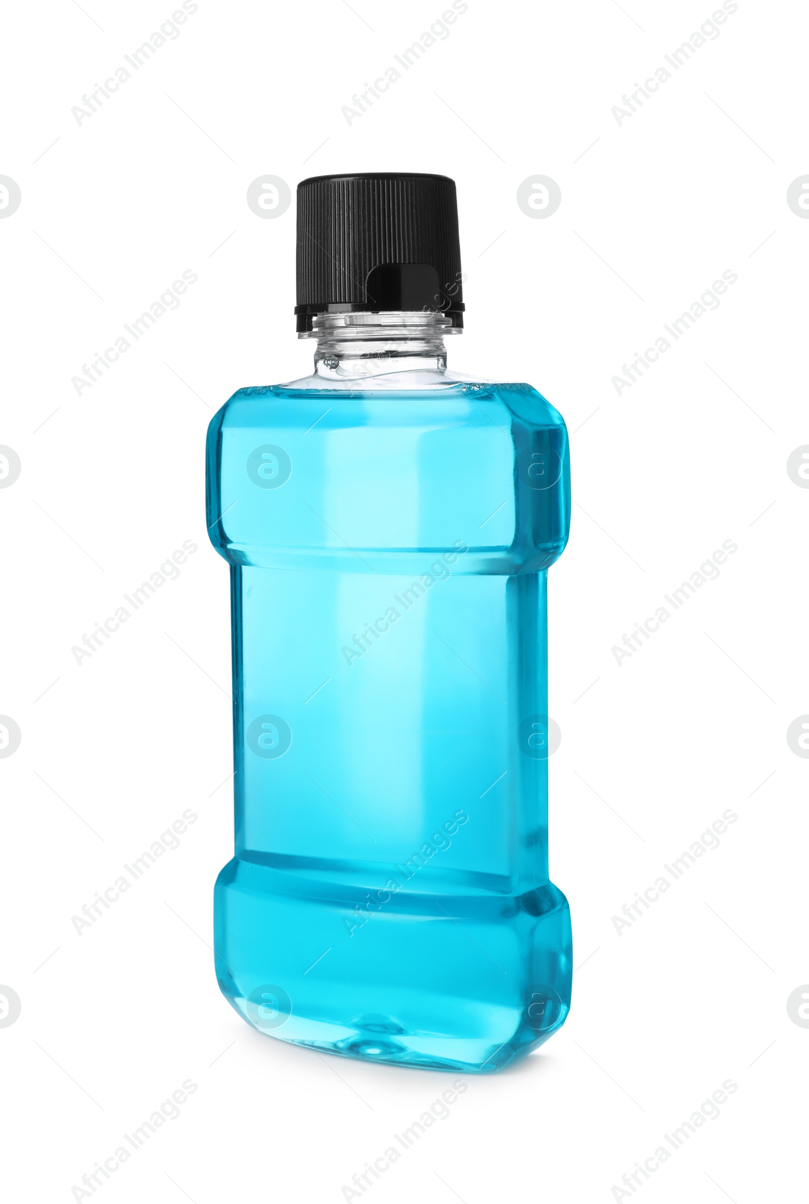 Photo of Bottle with mouthwash for teeth care on white background