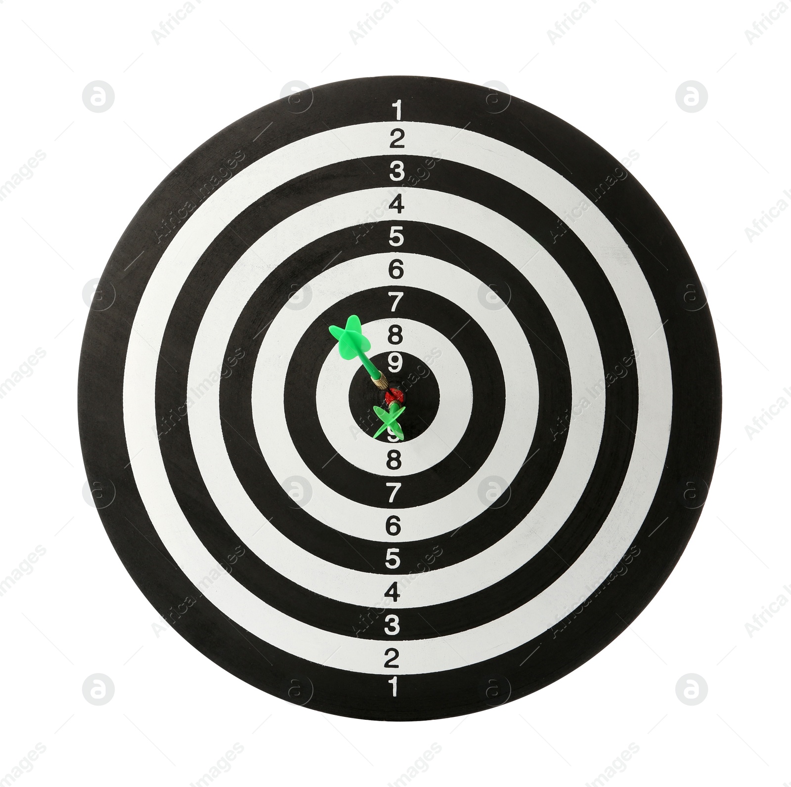 Photo of Green arrows hitting target on dart board against white background