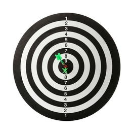 Photo of Green arrows hitting target on dart board against white background