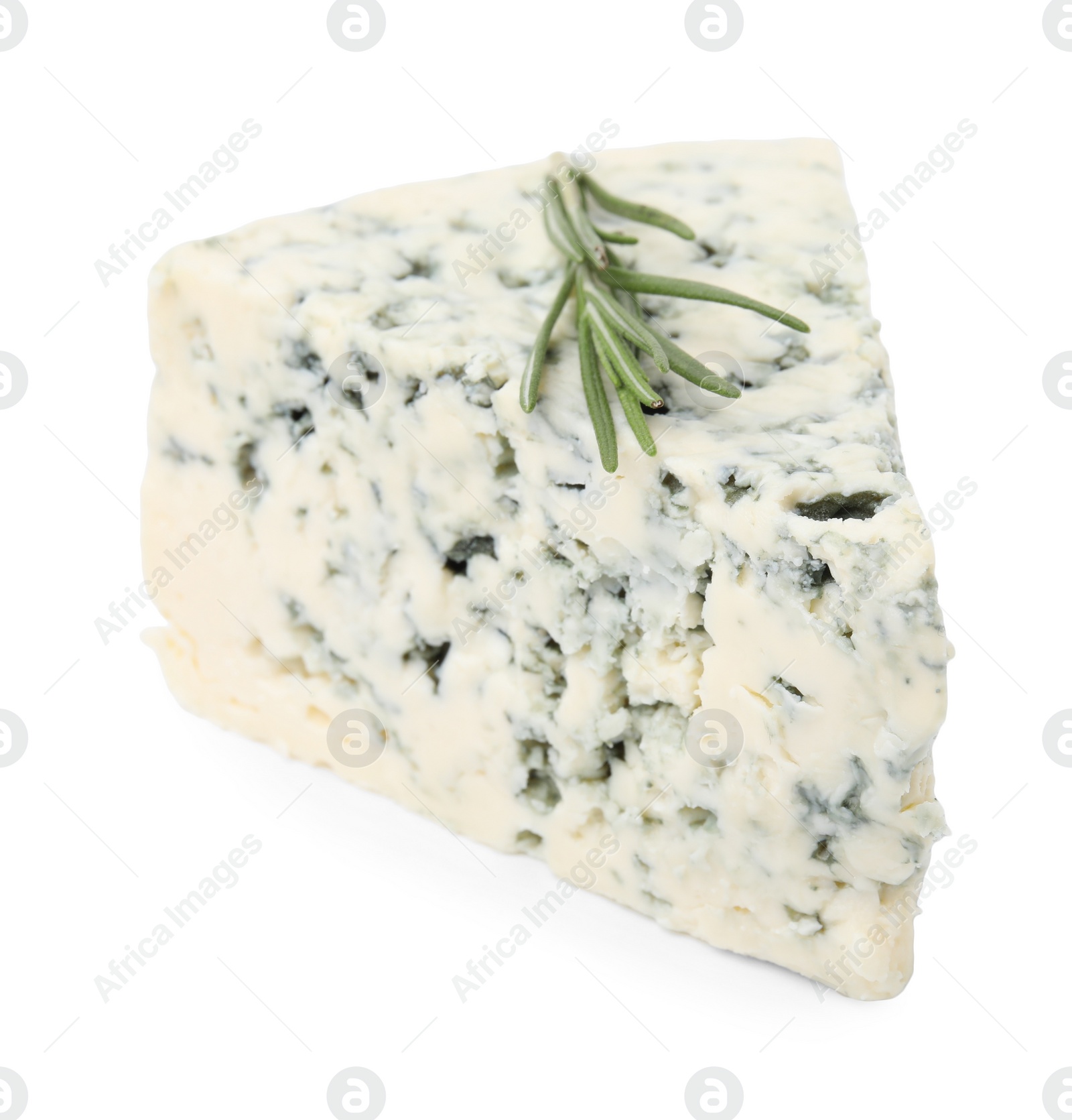 Photo of Tasty blue cheese with rosemary isolated on white